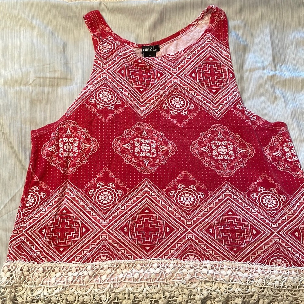 Rue 21, red and white, tank top with crochet fringe